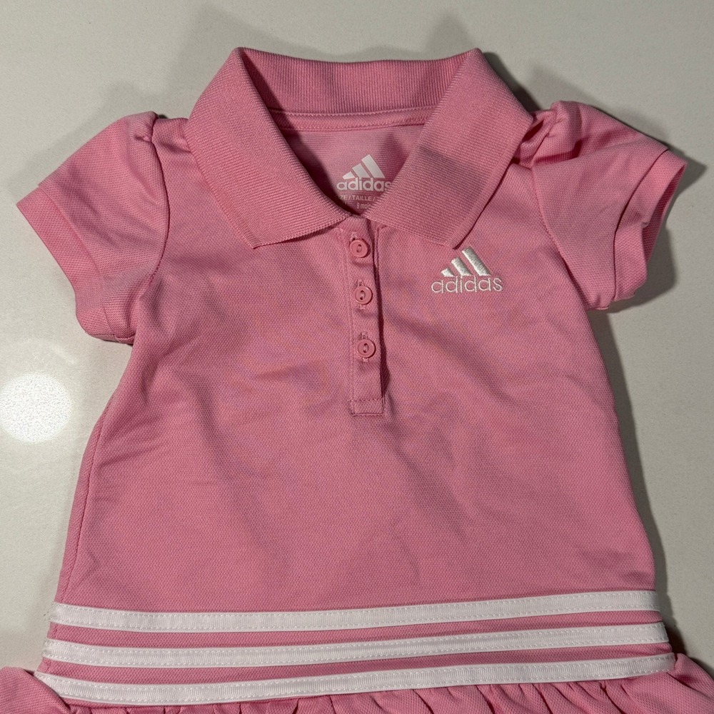 Adidas Polo Dress Baby Girls 9M Pink Excellent Ruffle Tiered 3-Stripe Logo - Picture 8 of 8